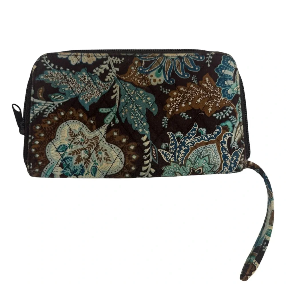 Vera Bradley Provencal Quilted Cotton Zip Wristlet Wallet Brown Teal Paisley - Picture 2 of 3